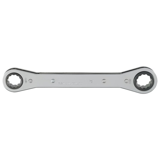 PROTO J1194-A double box-end ratcheting wrench, chrome finish, photography, side angle, white background.