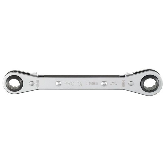 PROTO J1194MLO chrome ratcheting box wrench with two sizes, photography on white background.