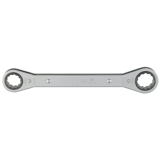 PROTO J1195-A double box-end ratcheting wrench, silver finish, flat front view on white background.