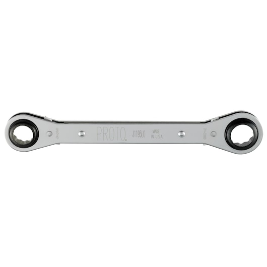 PROTO J1195LO double box end ratcheting wrench, chrome finish, straight-on angle, on white background.