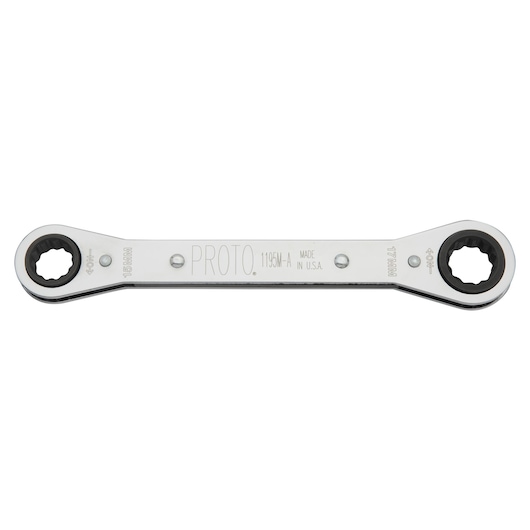 PROTO J1195M-A double box end ratcheting wrench, chrome finish, 15mm and 17mm ends, flat lay on white background.