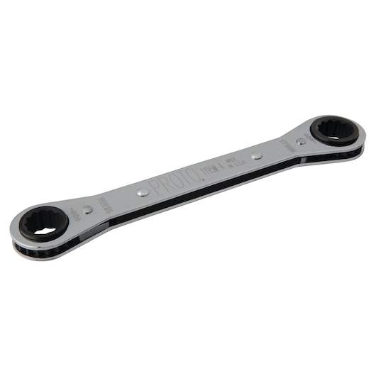 Photo of PROTO J1195M-A double box end ratcheting wrench, chrome finish, angled view on white background.