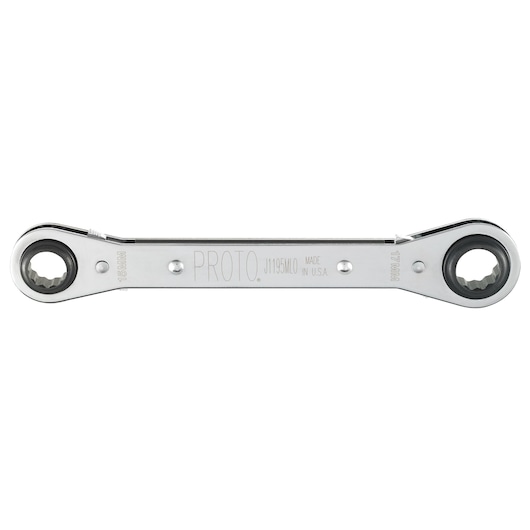 Photo of PROTO J1195MLO double box end ratcheting wrench, chrome finish, top view on white background.