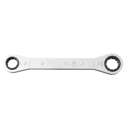 PROTO J1196-A ratcheting box wrench, chrome finish, dual ends, top view, white background.