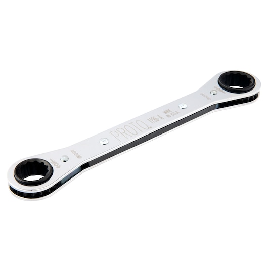 PROTO J1196-A double box end ratcheting wrench, chrome finish, angled, white background.