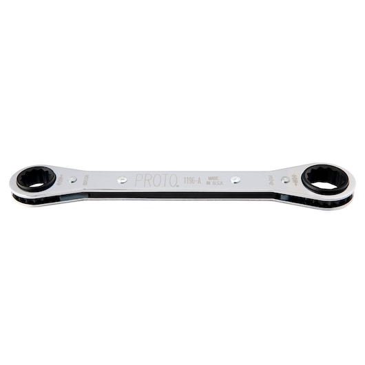 PROTO J1196-A double box-end ratcheting wrench, chrome finish, straight-on angle, white background.