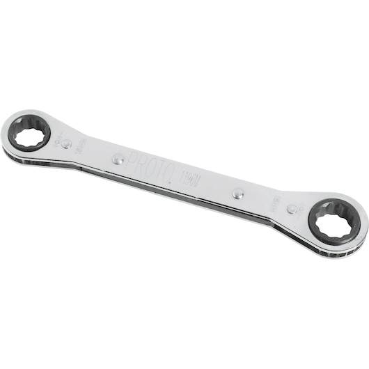 PROTO J1196M double box end ratcheting wrench, chrome finish, side angle, white background.