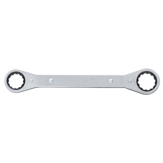 PROTO J1197-A box end ratcheting wrench, dual head, silver metal, top view on white background.