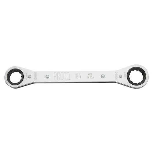 PROTO J1197M box end ratcheting wrench, silver metal, front view on white background.