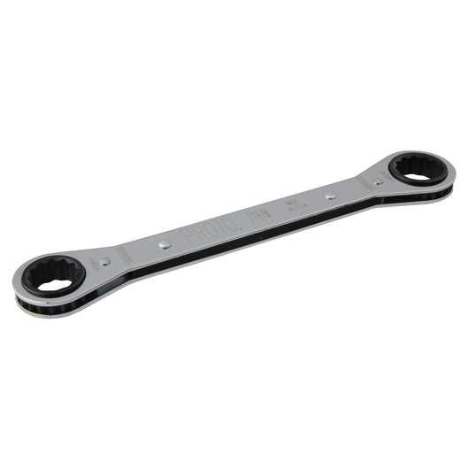 PROTO J1197M double box-end ratcheting wrench, silver finish, side angle on white background.