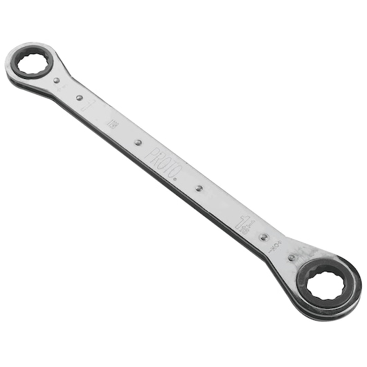 Photo of PROTO J1198 double box-end ratcheting wrench, chrome finish, angled view on white background.