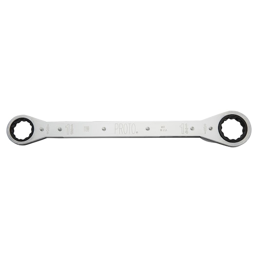 Photo of PROTO J1199 double box end ratcheting wrench, silver finish, tool laid flat on white background.