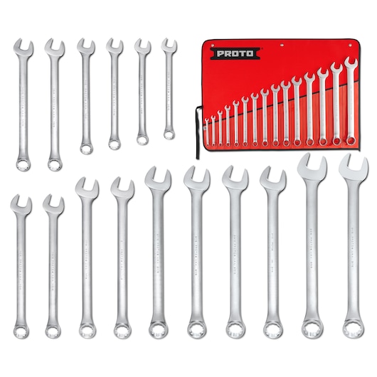 PROTO J1200-90ASD combination wrench set with fifteen silver wrenches and red storage pouch, top view on white.