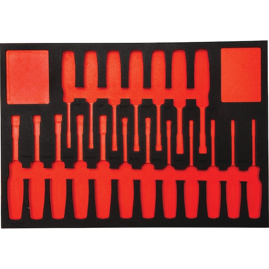 PROTO J12000F screwdriver foam organizer tray, black and red, top view on white background.