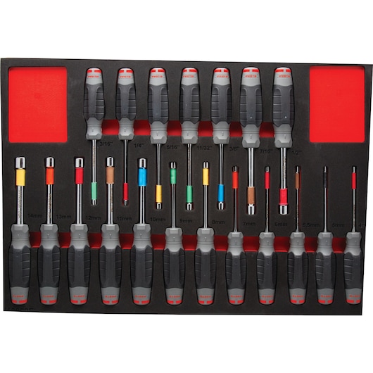 PROTO J12000K screwdriver and nut driver set with gray and red handles in foam tray, top-down view.