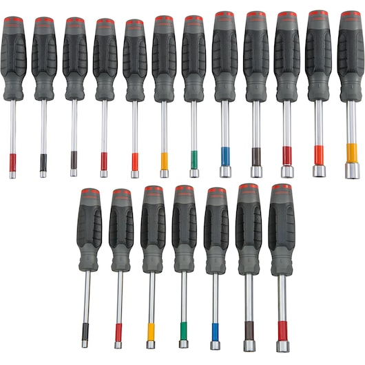 PROTO J12000S nut driver set with black and red handles, color-coded shafts, flat lay on white background.