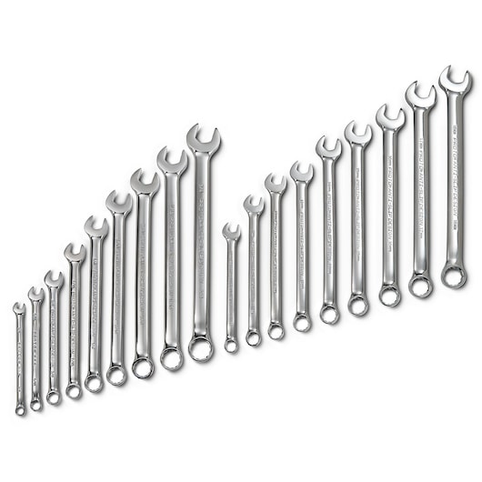 Photo of PROTO J1200CS combination wrench set, 19-piece, chrome finish, arranged diagonally on white background.