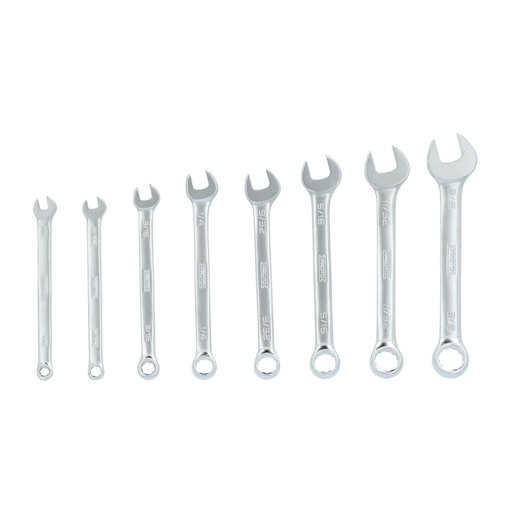 PROTO J1200EFM photography of eight silver combination wrenches arranged side by side, front angle.