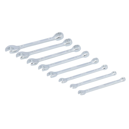 PROTO J1200EFM chrome combination wrench set, eight pieces, angled view, photography on white background.