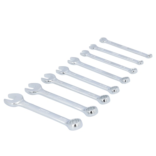 PROTO J1200EFM box and open end wrench set, silver, eight pieces, angled view, photography on white background.