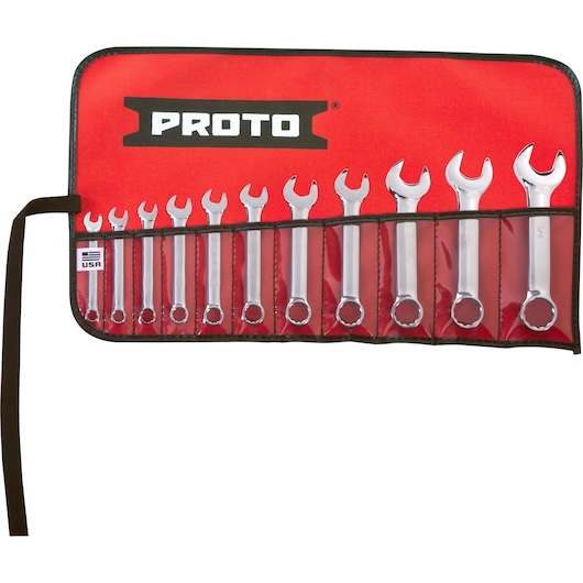 PROTO J1200ES-11 combination wrench set in red roll-up pouch, flat lay showing eleven wrenches with visible logo.