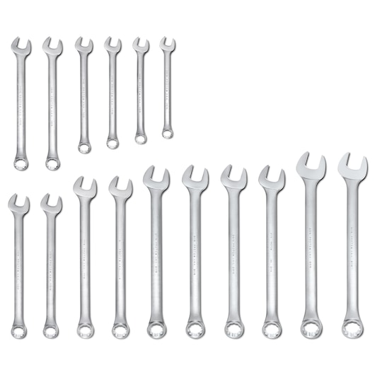 PROTO J1200F-HD combination wrench set, 14-piece polished steel, box end and open end, top-down view on white.