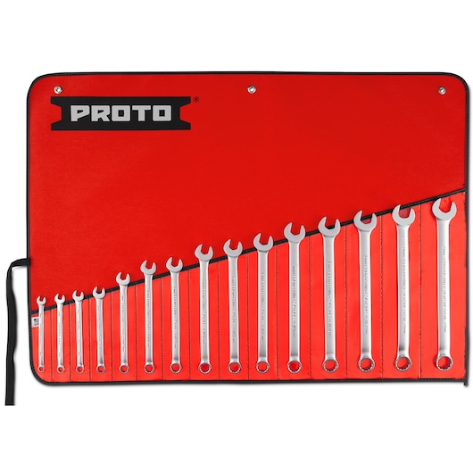 PROTO J1200F-MASD wrench set in roll-up red pouch, 14 combination wrenches arranged by size, front view.
