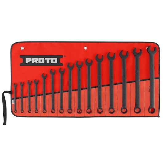 PROTO J1200F-MBASD wrench set in red roll-up pouch, front angle, assorted sizes.