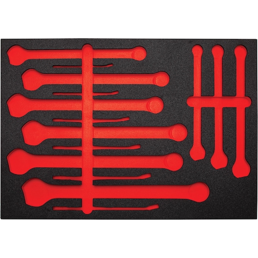 PROTO J1200F-T500F foam tray insert for wrench organization, black and red, top-down view, photography product.