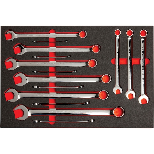 PROTO J1200F-T500K combination wrench set in foam tray, eleven chrome wrenches arranged in two rows, top-down view.