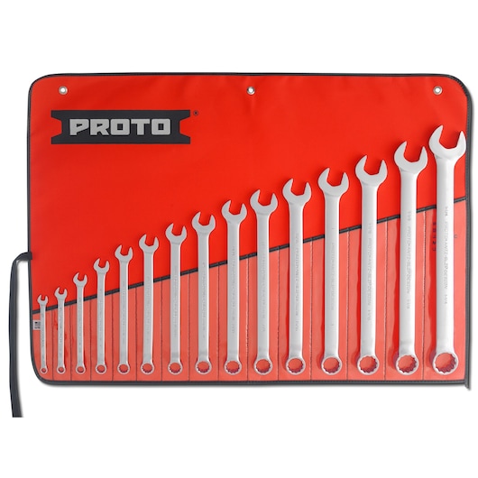 PROTO J1200F-T500 combination wrench set with 14 wrenches in a red tool roll, top-down view on white background.