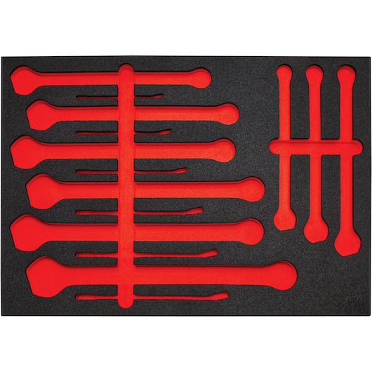 PROTO tray insert SKU J1200FASDF with red and black foam for wrench organization, top view on white background.