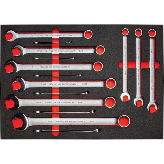 PROTO J1200FASDK wrench set photography, metal wrenches arranged in foam tray, top-down angle.