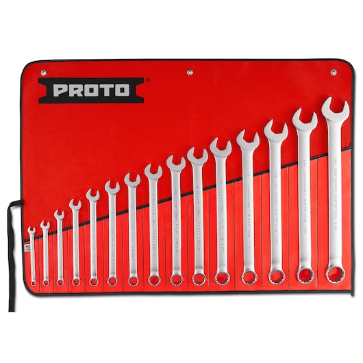 PROTO J1200FASD combination wrench set in a red roll-up pouch, photography with front angle.