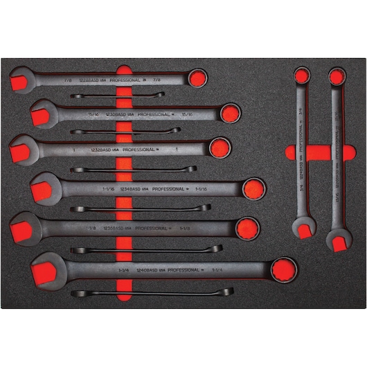PROTO J1200FBASDK wrench set with nine combination wrenches in foam tray, top view.