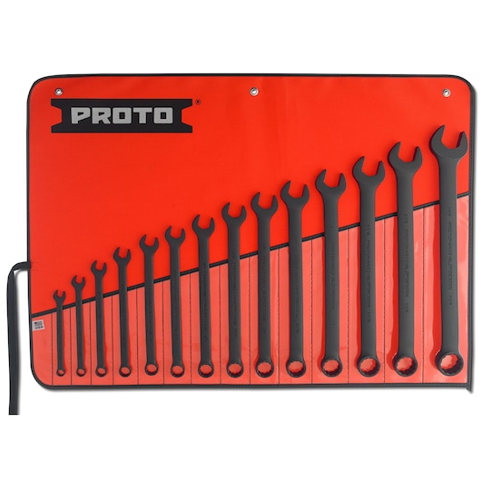 PROTO J1200FBASD combination wrench set, 14 pieces in a red roll-up pouch, front angle.