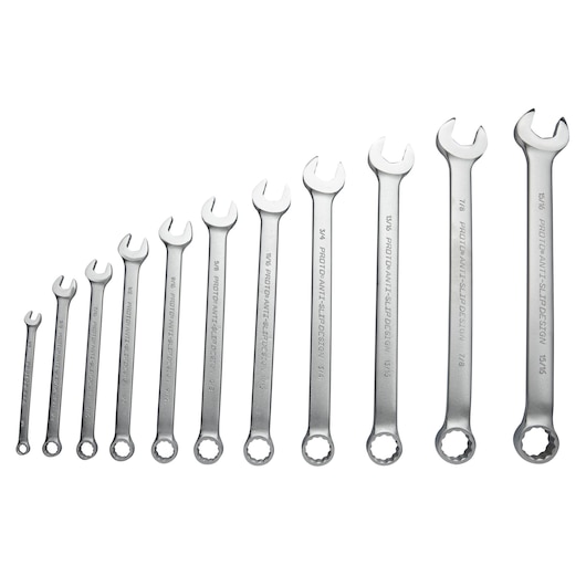 PROTO J1200GASD11 combination wrench set, 11-piece, silver metal, product photography on white background.