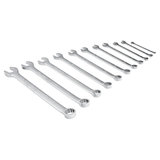 PROTO J1200GASD11 combination wrench set, eleven silver wrenches in various sizes, angled view, white background.