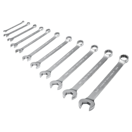PROTO J1200GASD11 combination wrench set, 11-piece, polished chrome, arranged in a row, angled top view, white background.