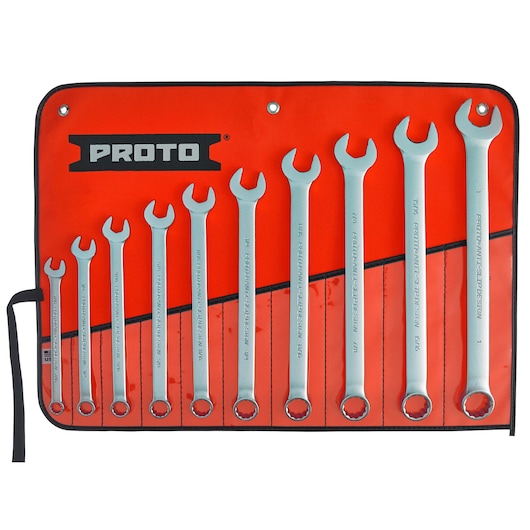 PROTO J1200GASD wrench set with ten combination wrenches in a red tool roll, set displayed flat, front angle.