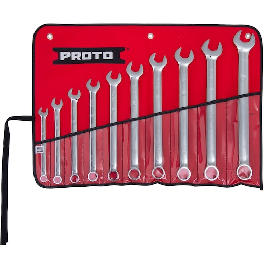 PROTO 10-piece combination wrench set in red roll-up pouch, SKU J1200GHASD-T500, top view on white background.