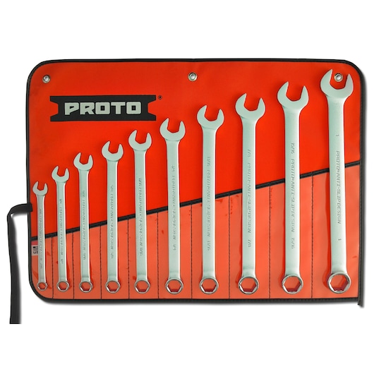 PROTO J1200GHASD wrench set with nine open-end wrenches in an orange roll-up pouch, front view on white background.