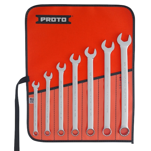 Photo of PROTO J1200H-T500 combination wrench set in red fabric pouch, seven chrome wrenches in various sizes, front view.