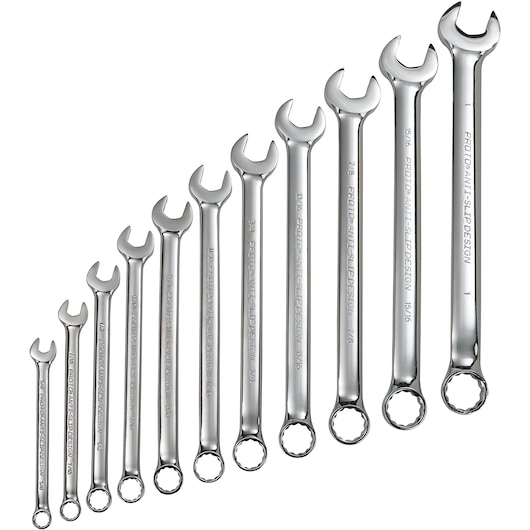 PROTO J1200H11T5 combination wrench set, 11-piece, chrome finish, arranged in size order, top view on white.