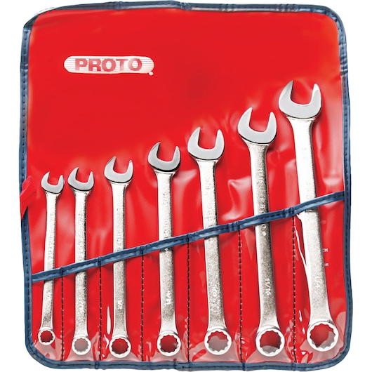PROTO J1200HASD wrench set in a red roll-up pouch, front angle, seven silver combination wrenches displayed.