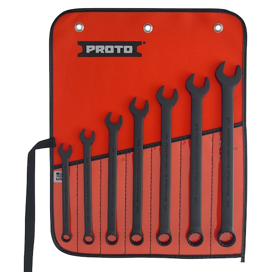 PROTO J1200HBASD wrench set with seven black combination wrenches in red roll-up pouch, front angle.