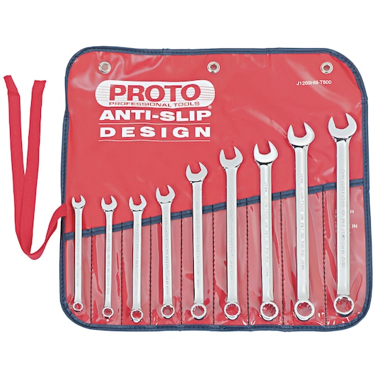 PROTO J1200HM-T500 wrench set with anti-slip design, nine wrenches in a red roll-up case, top-down view.