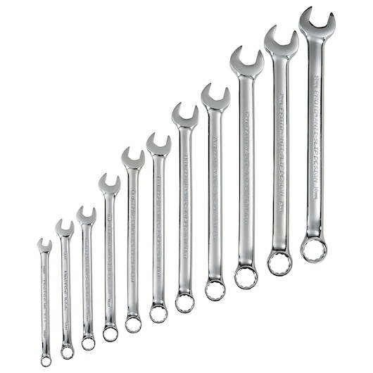 Photo of PROTO J1200HM11T5 combination wrench set, eleven polished chrome wrenches arranged by size, front view.