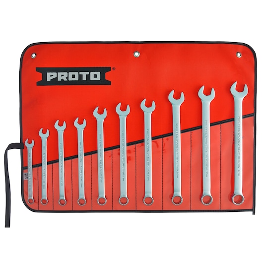 PROTO J1200K-MASD wrench set with ten combination wrenches in a red organizer pouch, front angle on white.