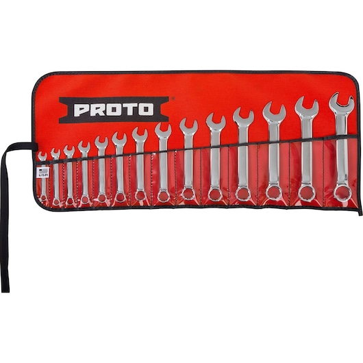 PROTO J1200MES-14 combination wrench set in red roll-up pouch, 14 metric wrenches arranged by size, front angle.